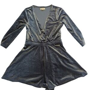 Silence + Noise Velvet Romper Slate Blue V-Neck Long Sleeve Festival Chic Small